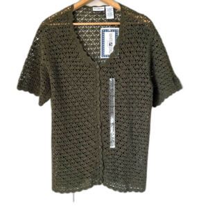 Vintage White Stag Olive Green Crocheted Boho Ramie Blend Sweater